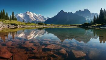 ai gerado majestoso montanha pico reflete dentro tranquilo azul lagoa gerado de ai foto