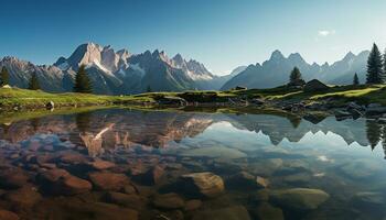 ai gerado majestoso montanha pico reflete dentro tranquilo água gerado de ai foto