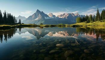 ai gerado majestoso montanha pico reflete tranquilo pôr do sol em água gerado de ai foto