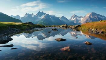 ai gerado montanha pico reflete dentro tranquilo lago, natureza beleza gerado de ai foto