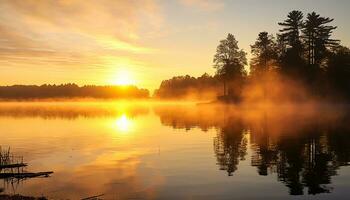 ai gerado pôr do sol sobre tranquilo lagoa reflete laranja e azul gerado de ai foto