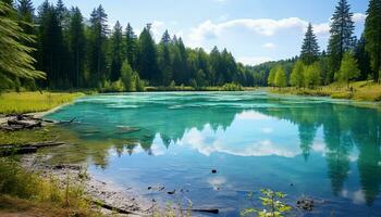 ai gerado tranquilo cena do uma montanha refletindo dentro água gerado de ai foto