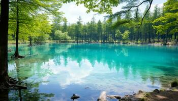 ai gerado tranquilo cena do uma verde floresta refletindo dentro água gerado de ai foto