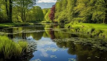ai gerado tranquilo cena do verde Prado reflete natural beleza gerado de ai foto