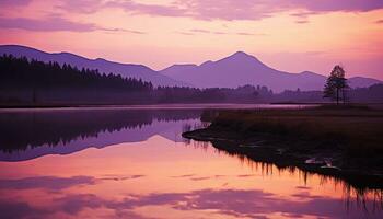 ai gerado silhueta do montanha pico reflete dentro tranquilo lagoa gerado de ai foto