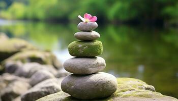 ai gerado tranquilo cena do equilibrado pedra pilha dentro natureza gerado de ai foto