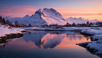 ai gerado majestoso montanha pico reflete tranquilo pôr do sol em gelado água gerado de ai foto