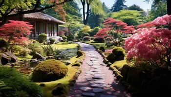 ai gerado tranquilo japonês jardim, verde árvores, colorida flores, pacífico gerado de ai foto