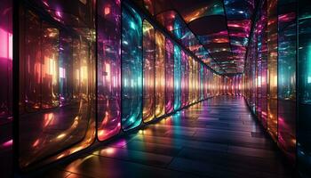 ai gerado brilhante futurista corredor com vibrante cores e brilhando luzes gerado de ai foto