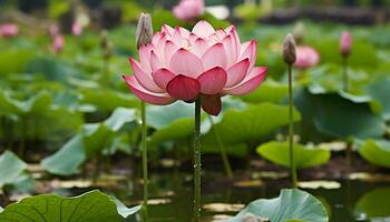 ai gerado lindo Rosa lótus flor flores dentro tranquilo lagoa gerado de ai foto