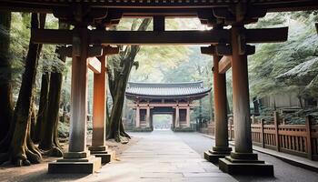 ai gerado antigo torii portão conduz para tranquilo japonês têmpora gerado de ai foto