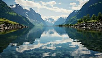 ai gerado majestoso montanha pico reflete dentro tranquilo azul água gerado de ai foto