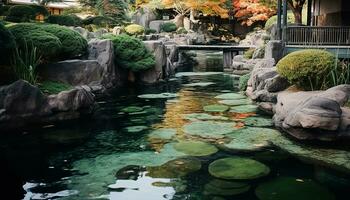 ai gerado tranquilo cena do verde lagoa reflete natureza beleza gerado de ai foto