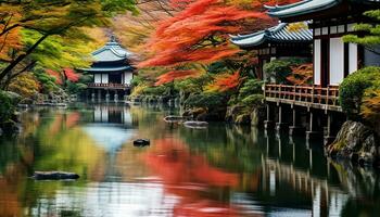 ai gerado outono beleza refletido dentro tranquilo japonês lago, gerado de ai foto