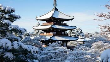 ai gerado inverno paisagem, pagode carrinhos alta dentro Nevado floresta, gerado de ai foto