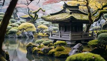 ai gerado tranquilo lagoa reflete antigo pagode dentro natureza, gerado de ai foto