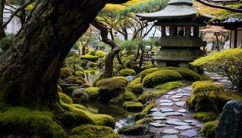 ai gerado tranquilo cena do antigo pagode dentro japonês jardim, gerado de ai foto