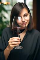 ai gerado sorridente mulher segurando copo de vinho, desfrutando vinho, gerado de ai foto