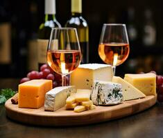 ai gerado gourmet vinho e queijo em rústico de madeira mesa gerado de ai foto
