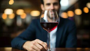 ai gerado jovem adulto homens desfrutando vinho às uma Barra gerado de ai foto