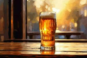 ai gerado uma vidro do Cerveja em uma de madeira mesa às pôr do sol, uma vidro do Cerveja em uma de madeira mesa ai gerado foto