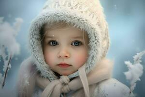 ai gerado uma fofa menina dentro a neve , uma fofa pequeno menina é vestindo uma peludo chapéu e cachecol dentro inverno ai gerado foto