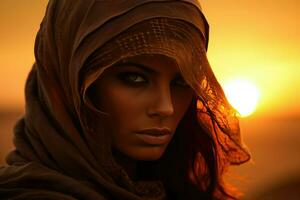 ai gerado retrato do uma jovem árabe mulher dentro uma hijab dentro a deserto contra a pôr do sol, árabe mulheres face a pôr do sol ai gerado foto