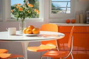 ai gerado moderno acolhedor interior do uma jantar quarto com laranja mobília e decoração detalhes e laranjas em uma mesa com uma janela em uma backgound foto