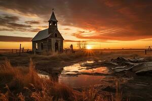 ai gerado panorama com uma solitário arruinado abandonado Igreja às pôr do sol ou alvorecer foto