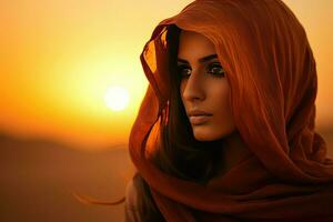 ai gerado retrato do uma jovem muçulmano mulher dentro uma hijab dentro a deserto contra a pôr do sol, árabe mulheres face contra a pôr do sol ai gerado foto