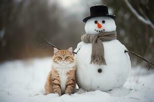 ai gerado gengibre gato senta Próximo para a boneco de neve foto