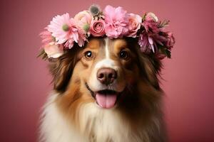 ai gerado fofa feliz cachorro com Rosa flores guirlanda em cabeça em uma Rosa fundo foto