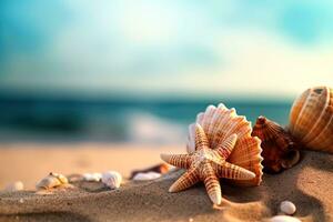 ai gerado estrelas do mar e conchas do mar em a costa em limpar \ limpo areia em uma borrado azul mar fundo foto