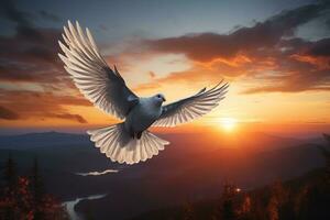 ai gerado branco pomba moscas contra pôr do sol fundo, Paz símbolo foto