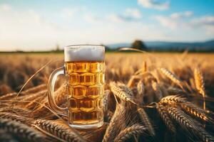 ai gerado vidro do Cerveja dentro uma trigo campo foto