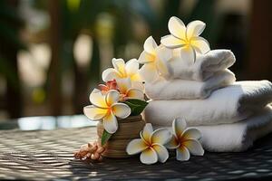 ai gerado branco toalhas com branco e amarelo flores em a toalha de mesa em a mesa. spa composição foto