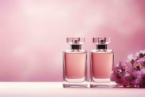 ai gerado dois perfume garrafas em a fundo do uma lilás flores, Rosa fundo foto