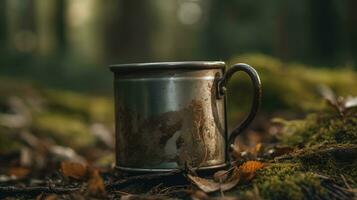 ai gerado fechar-se do uma metal velho caneca dentro a outono floresta foto