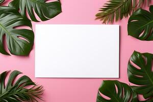 ai gerado brincar branco em branco papel Folha com verde tropical folhas topo Visão em Rosa fundo, modelo esvaziar cartão plano deitar para Projeto com cópia de espaço foto