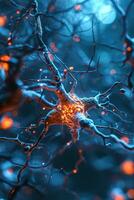 ai gerado vertical macro ilustração do neurônio transmissão impulso. brilhando laranja cérebro células em borrado fundo foto