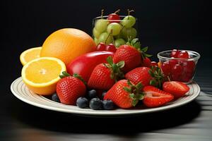 ai gerado frutas em placa, frutas decoração pronto para comer, fresco fruta variedade em bandeja saudável comendo dieta Comida ai gerado foto