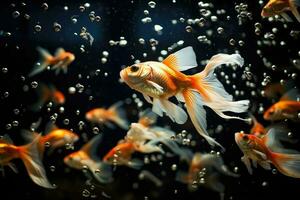 ai gerado peixinho dentro a aquário lindo embaixo da agua, a tanque é preenchidas com lindo e colorida pequeno peixe este estão natação em volta, ai gerado foto