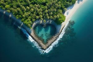 ai gerado coração em forma lagoa em uma paraíso tropical ilha, aéreo Visão foto