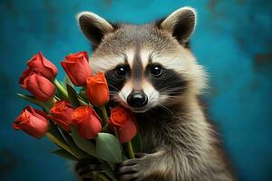 ai gerado guaxinim segurando uma ramalhete do vermelho flores em azul fundo foto