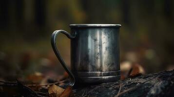 ai gerado fechar-se do uma metal velho caneca dentro a floresta foto