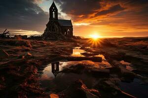 ai gerado panorama com uma solitário arruinado abandonado Igreja às pôr do sol foto