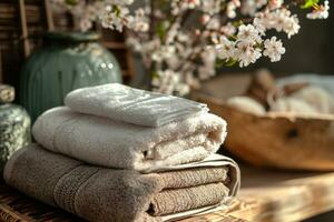 ai gerado banheiro com delicado flores e toalhas em ensolarado fundo. generativo ai foto