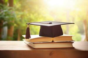 ai gerado graduação chapéu e pilha do estude livros em uma de madeira mesa. Educação, escola, graduação e conhecimento conceito. generativo ai foto