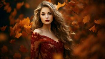 ai gerado 1 jovem mulher beleza dentro natureza outono elegância moda foto
