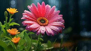 ai gerado vibrante gerbera margarida dentro molhado Prado captura beleza foto